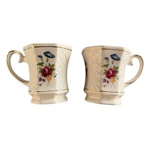 Vintage Sadler England Floral Octagonal Tea Coffee Cups Gold Trim - Set of (2)